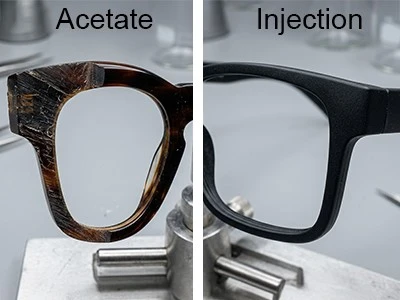 Macro photo of acetate eyeglass frame cross‑section showing full‑through running color, consistent color from outer surface to inner core of acetate sheet, eyewear manufacturing lab shot Macro photo of acetate eyeglass frame cross‑section showing full‑through running color, consistent color from outer surface to inner core of acetate sheet, eyewear manufacturing lab shot